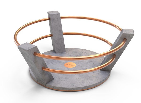 fruit bowl made of concrete and copper-plated steel.